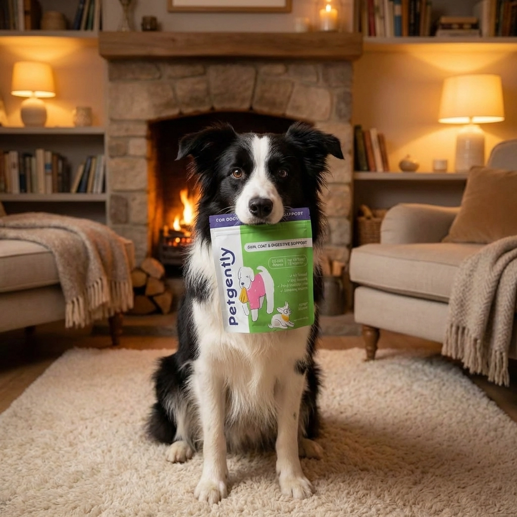 A black and white dog sits in a living room, holding a bag of dog supplements in its mouth.