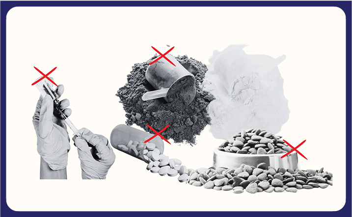 Black and white image of powders, pills, and stones with red X marks.