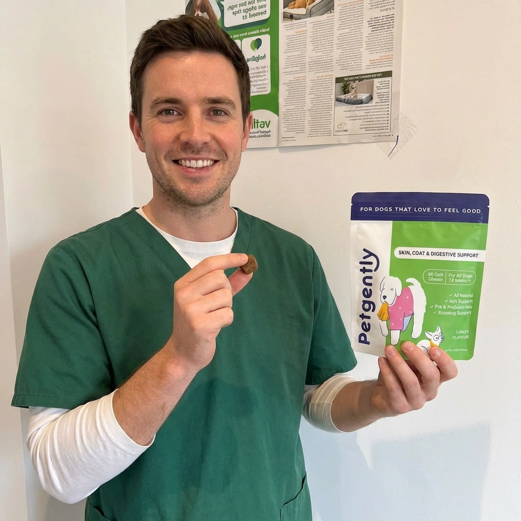 A smiling man in green scrubs holds a Petgently dog supplement and its packaging.