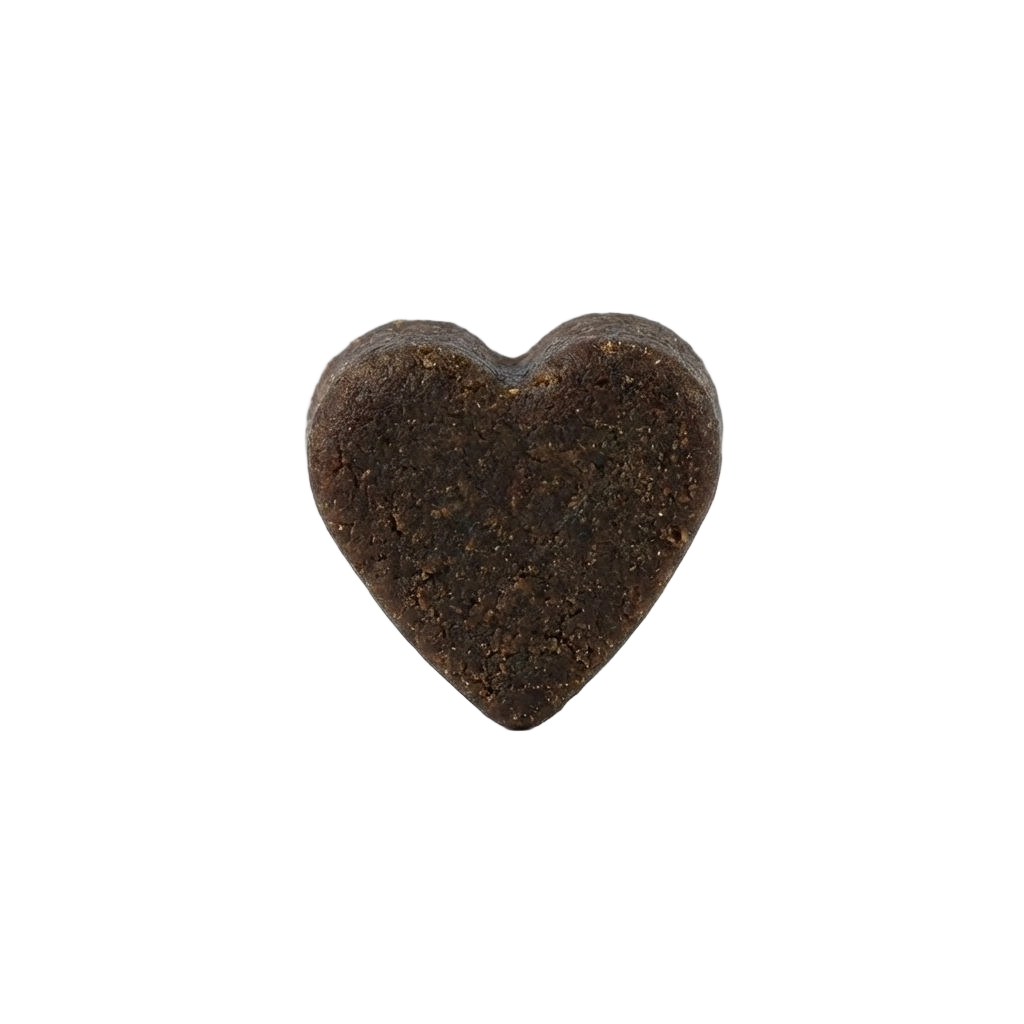 A single, textured, heart-shaped brown object on a green background.