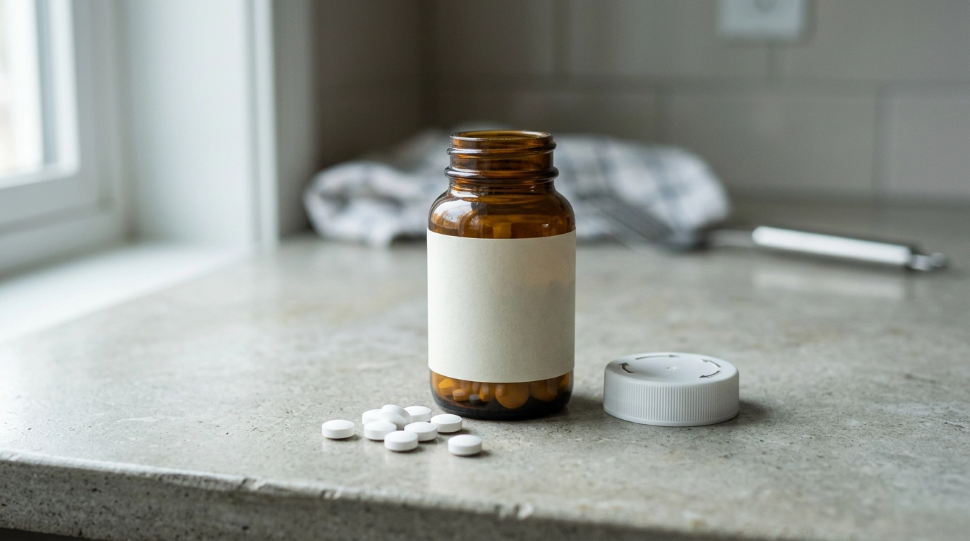 An open brown pill bottle with a blank label sits on a counter with white pills spilled out.