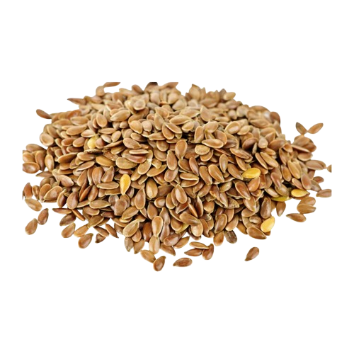 A small pile of brown flax seeds on a transparent background.