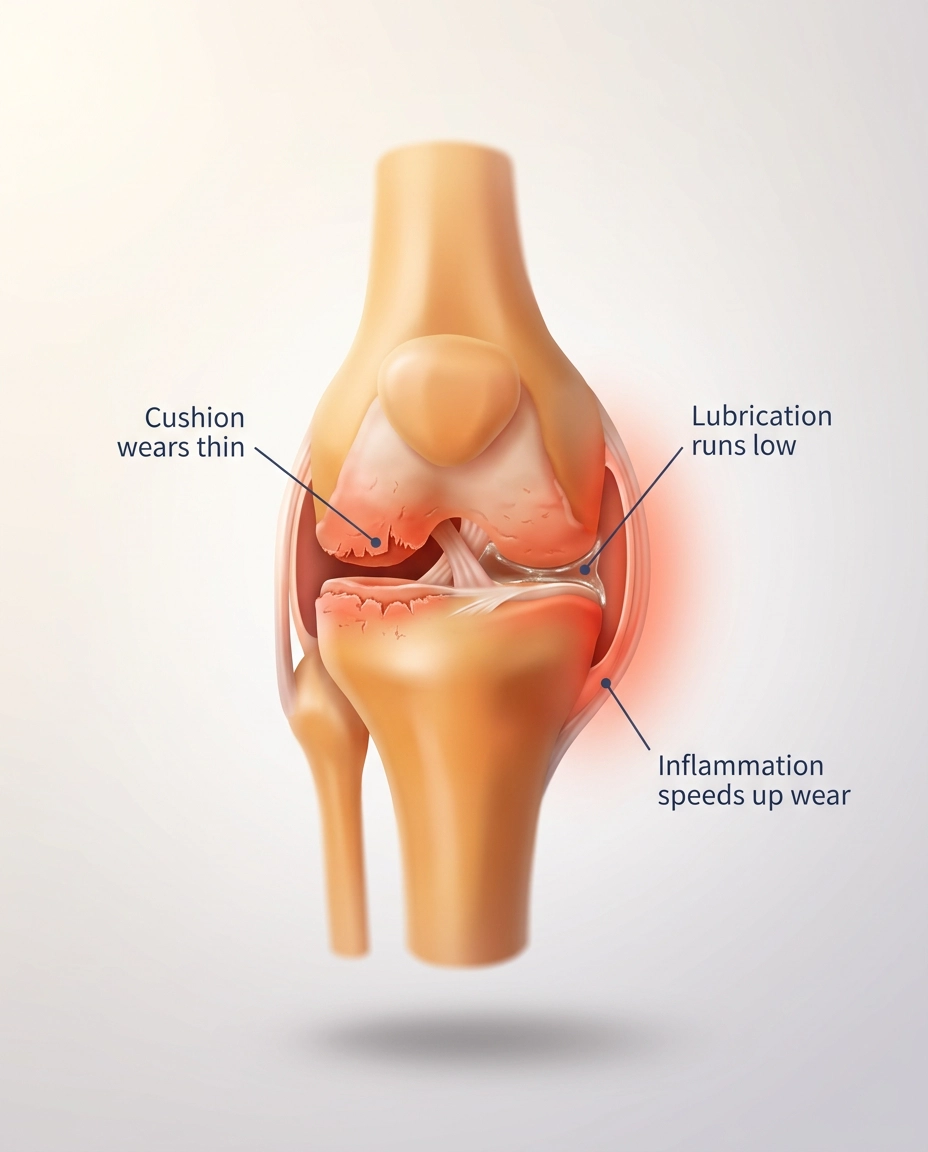 Anatomical diagram of a knee joint showing the effects of wear, with labels for inflammation and thinning cushion.