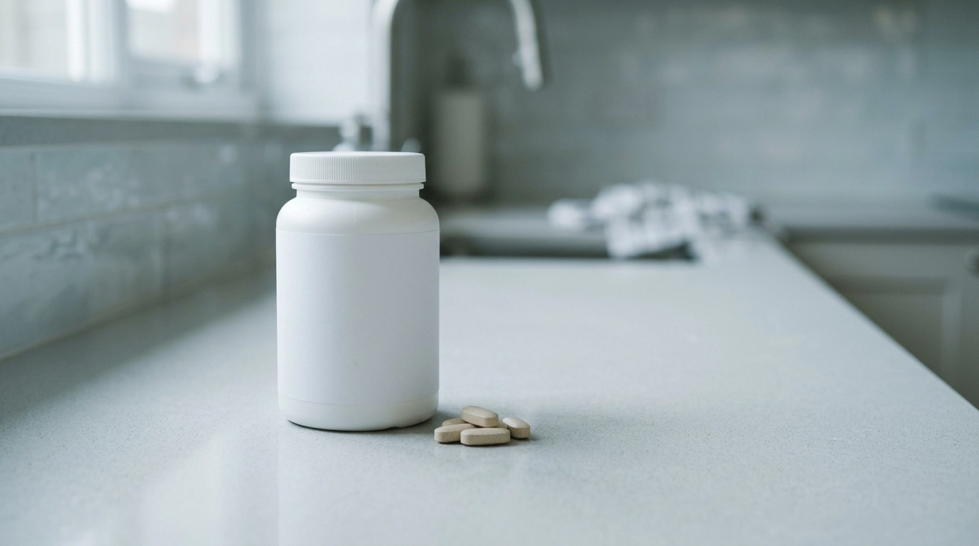 A blank white bottle sits on a kitchen counter with a small pile of pills next to it.