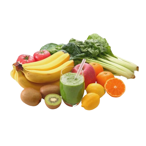 A glass of green smoothie surrounded by fresh fruits and vegetables on a black background.