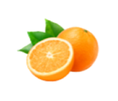 Whole and half orange with green leaves on white background.