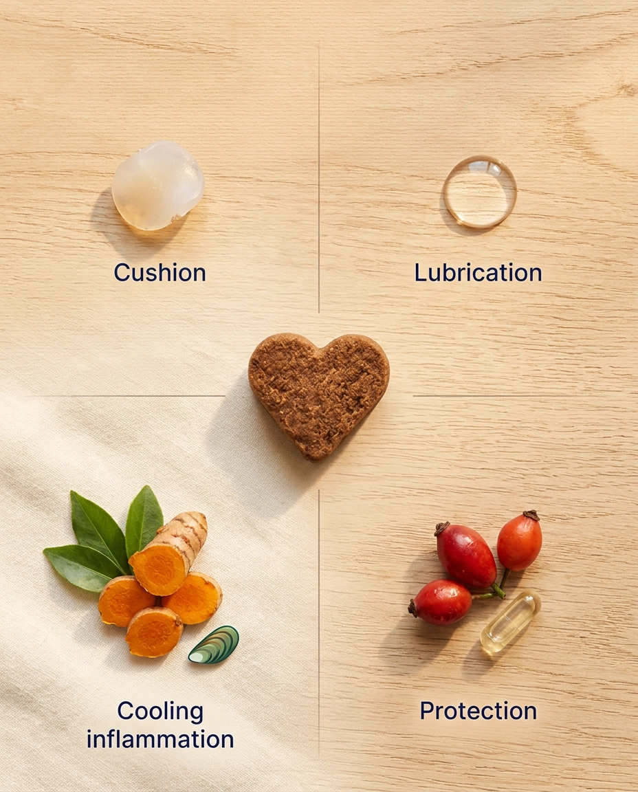 A heart-shaped biscuit surrounded by ingredients like turmeric and rose hips, labeled with different health benefits.