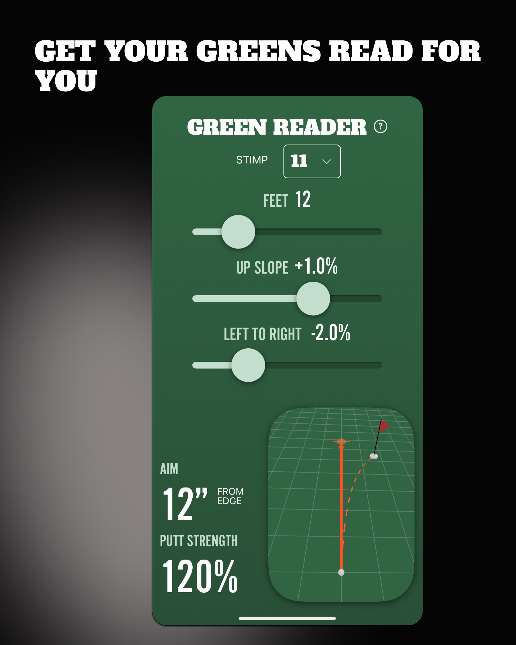 Golf green reader interface with adjustable settings for slope, aim, and putt strength.