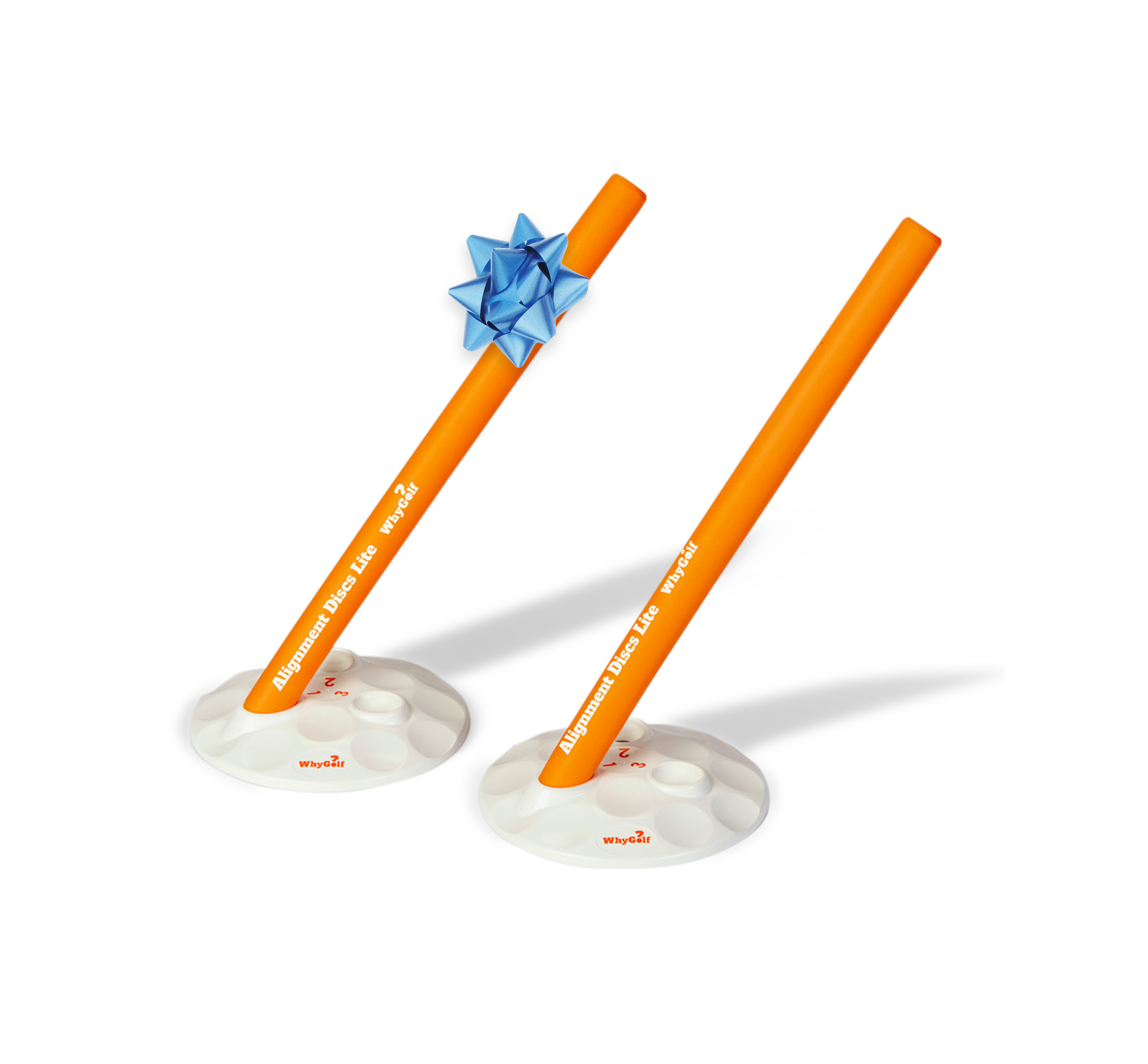 Two orange tubes on white bases, one with a blue bow.
