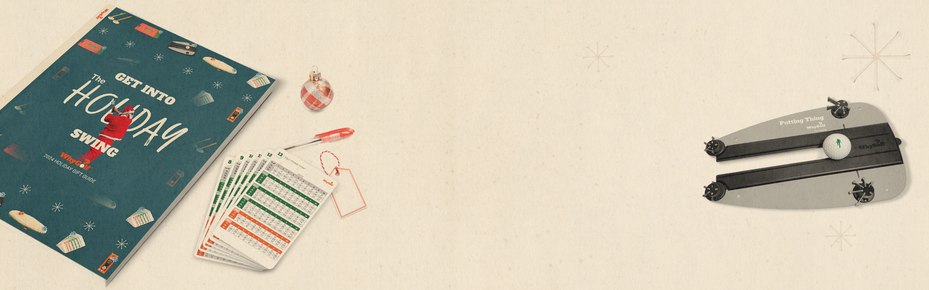 Holiday-themed gift guide with cards, pen, ornament, and golf putting tool.