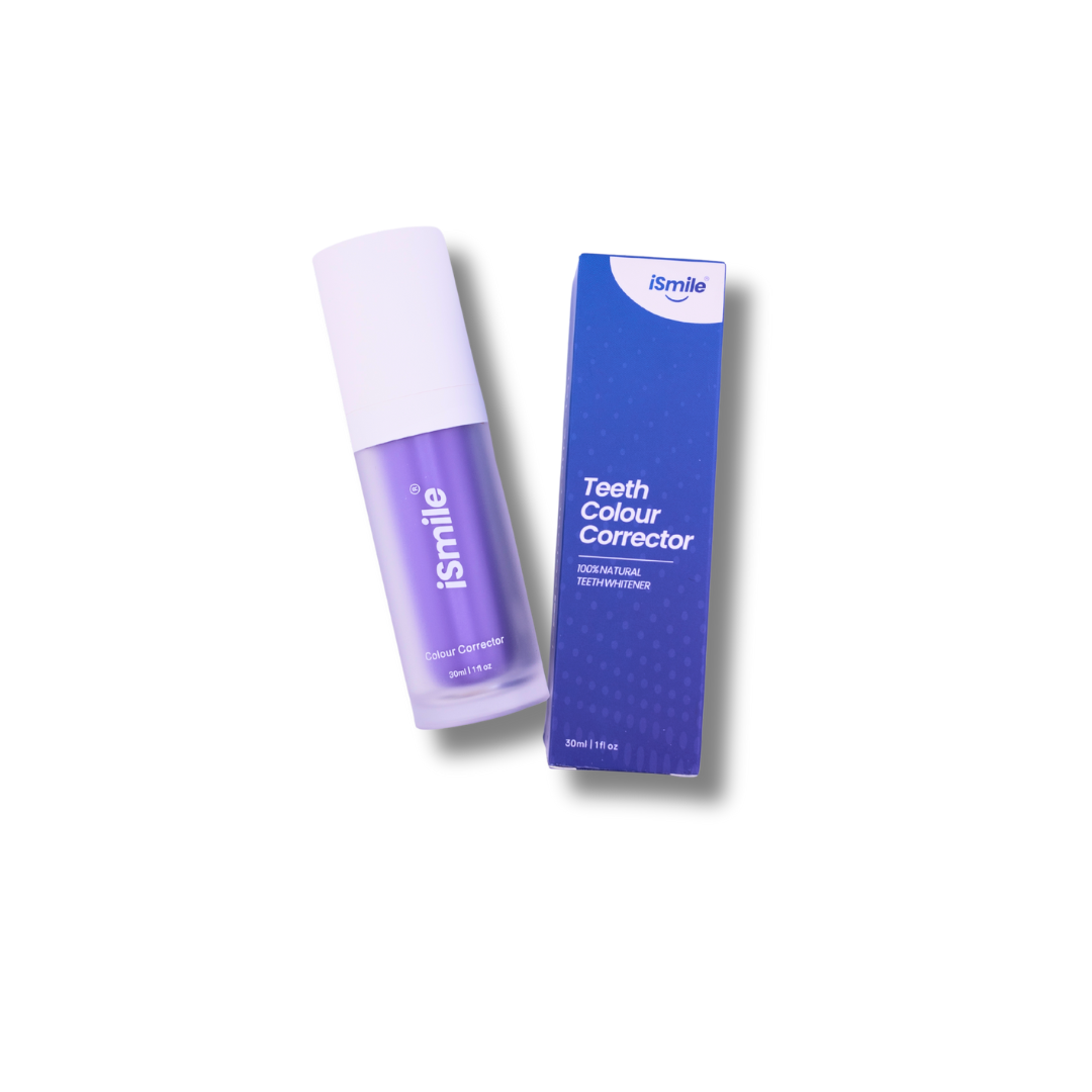Purple and white bottle next to a blue box labeled 'Teeth Colour Corrector.'