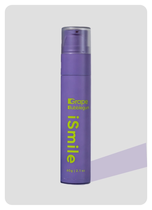 Purple bottle labeled 'Grape Bubblegum iSmile' with a clear cap.