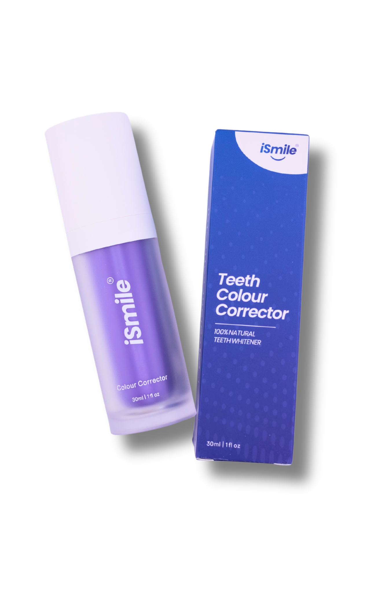 Purple bottle and blue box labeled 'ismile Teeth Colour Corrector.'