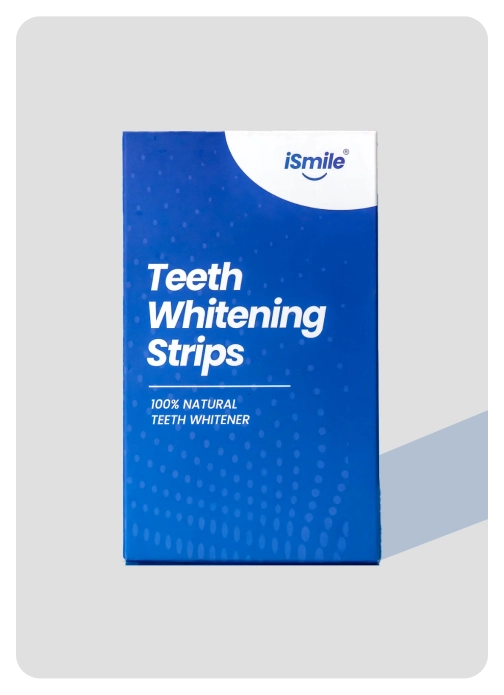 Blue box labeled 'Teeth Whitening Strips' with brand name 'iSmile'.