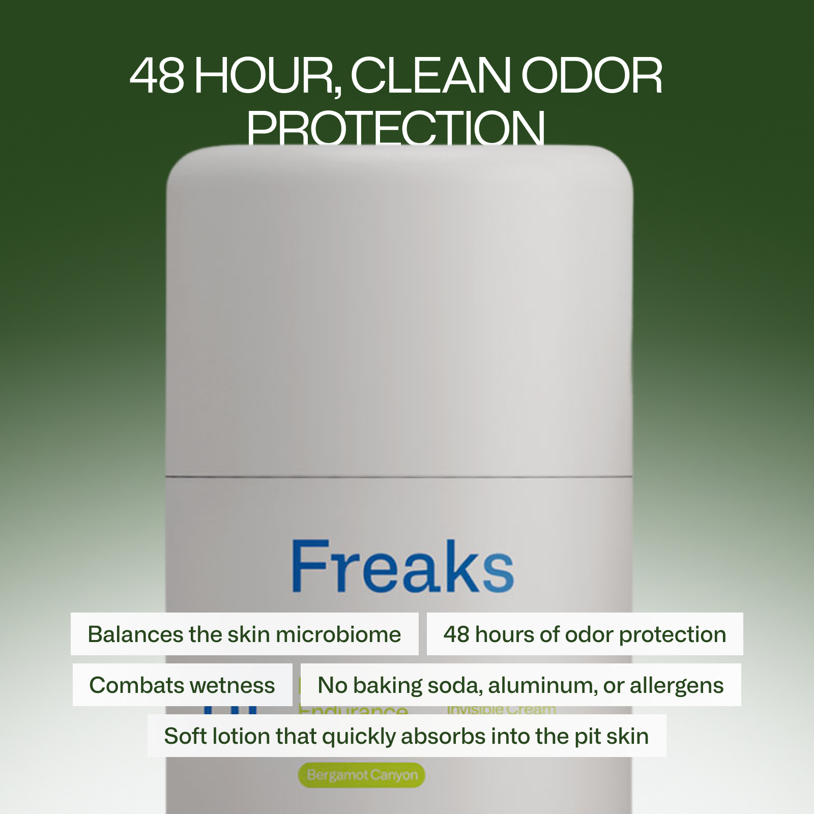Deodorant labeled 'Freaks' with 48-hour odor protection and other features highlighted.