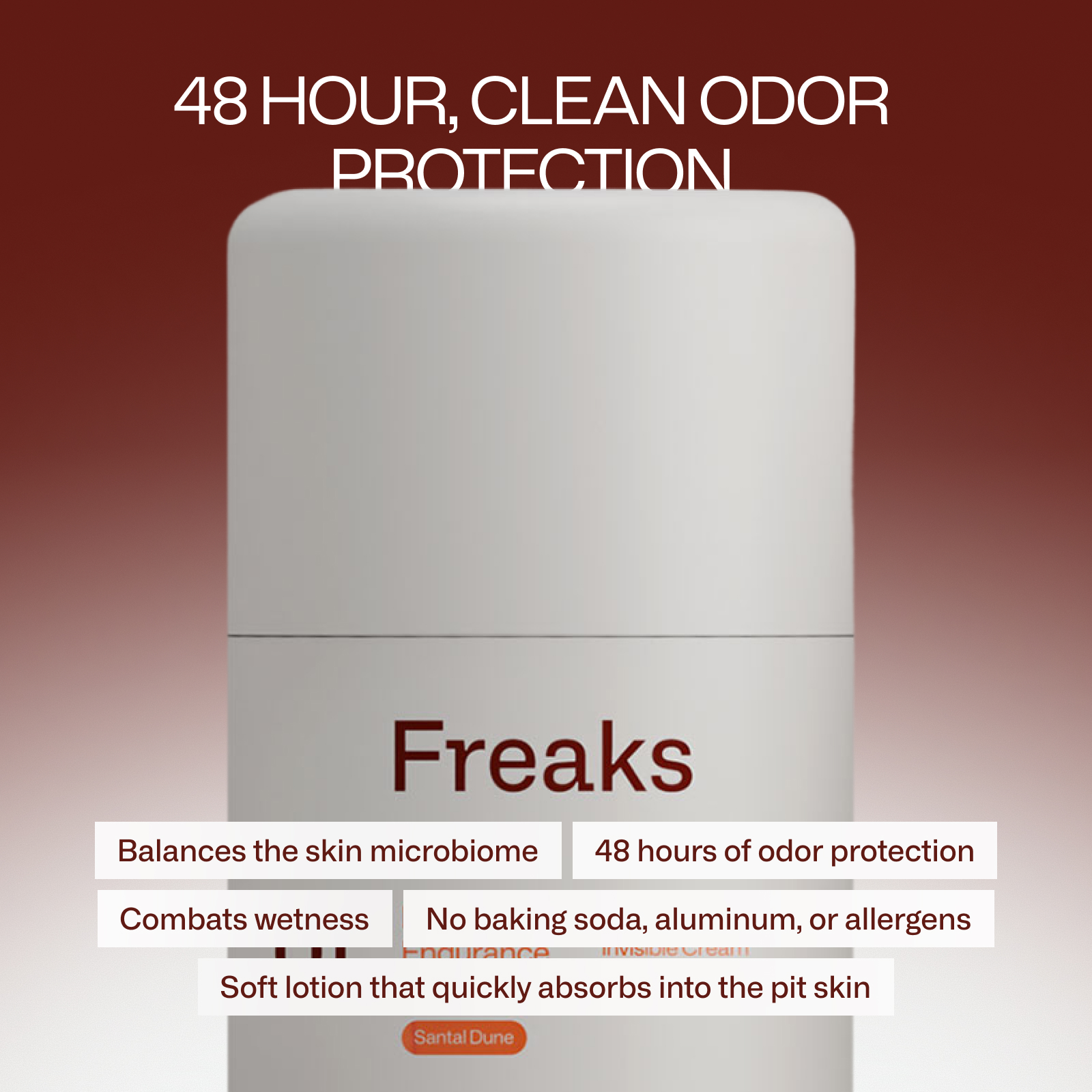 Deodorant bottle with text highlighting 48-hour odor protection and allergen-free features.