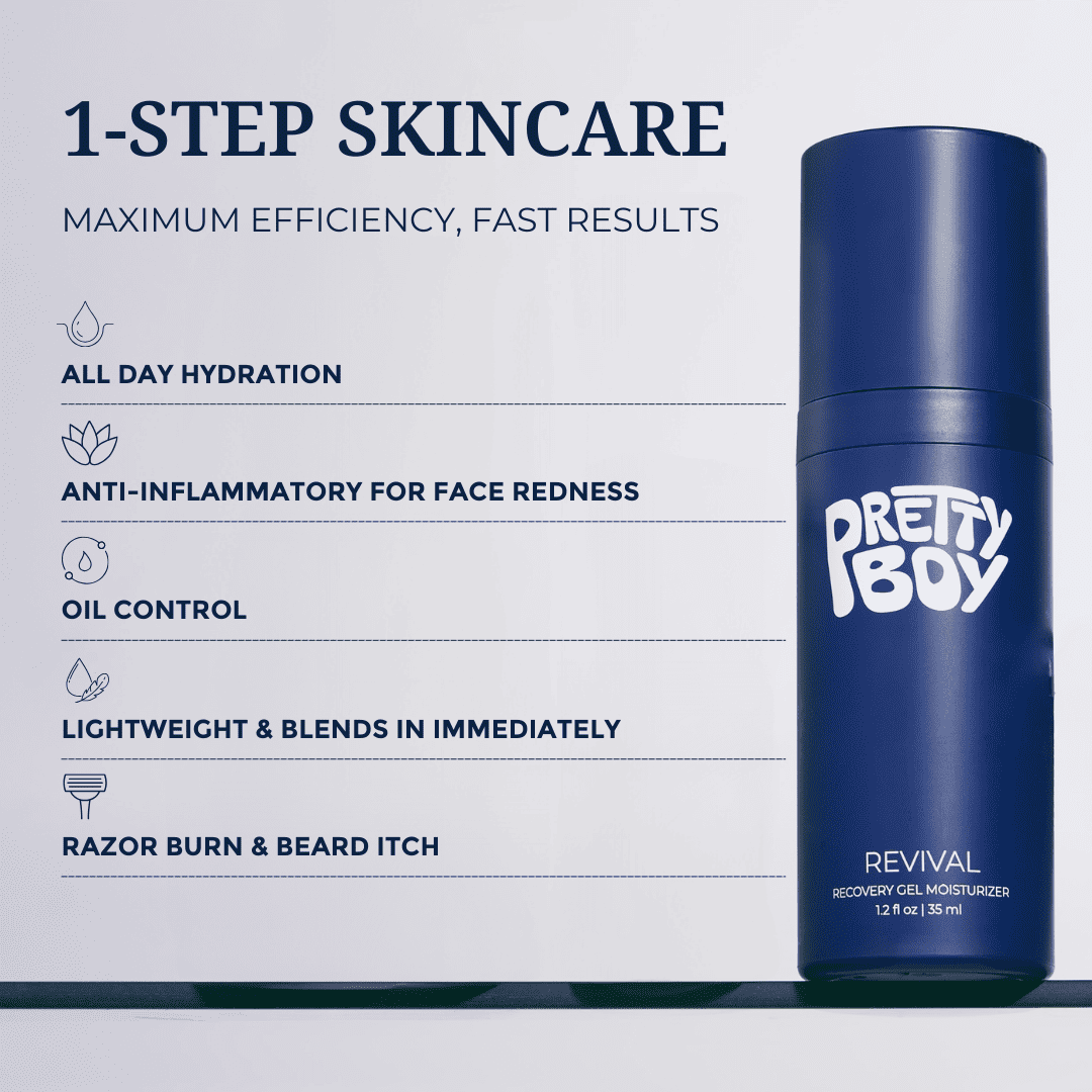 Skincare product advertisement with benefits listed and a blue bottle labeled 'Pretty Boy Revival.'