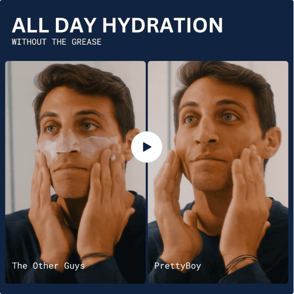 Split image of a man applying skincare, labeled 'The Other Guys' and 'PrettyBoy.'