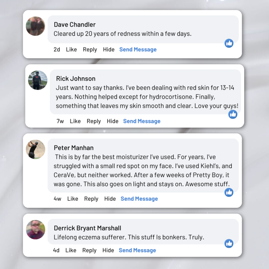Four social media comments praising a skincare product for reducing redness and eczema.