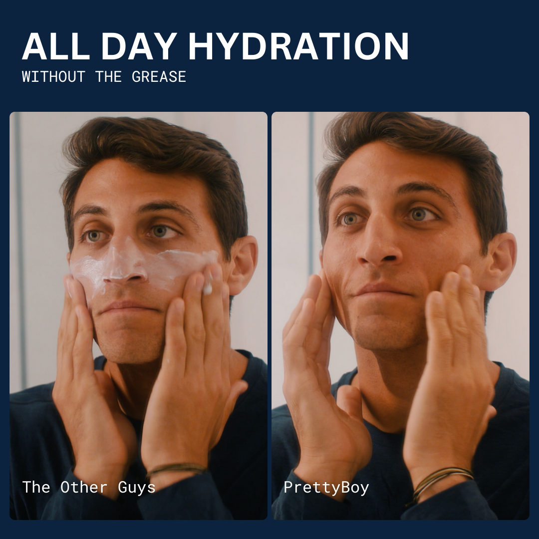 Two images of a man applying cream to his face with text about hydration.