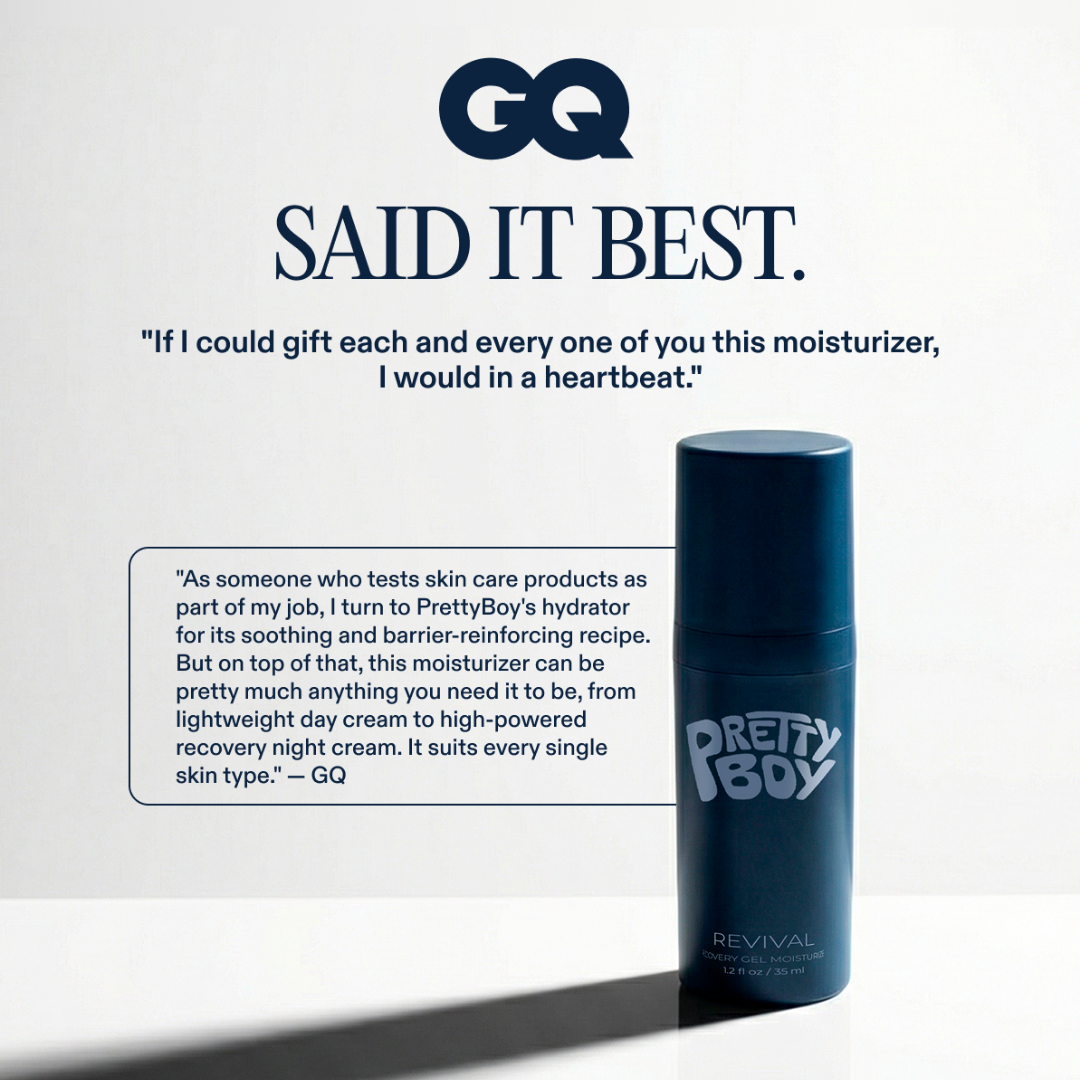 An advertisement for Pretty Boy moisturizer, featuring quotes and the logo from GQ magazine.