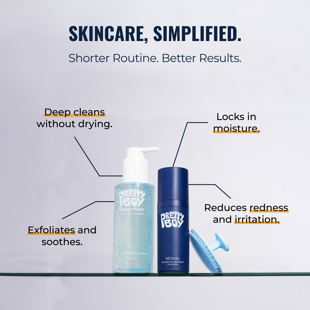 Two skincare products with text highlighting their benefits on a white background.