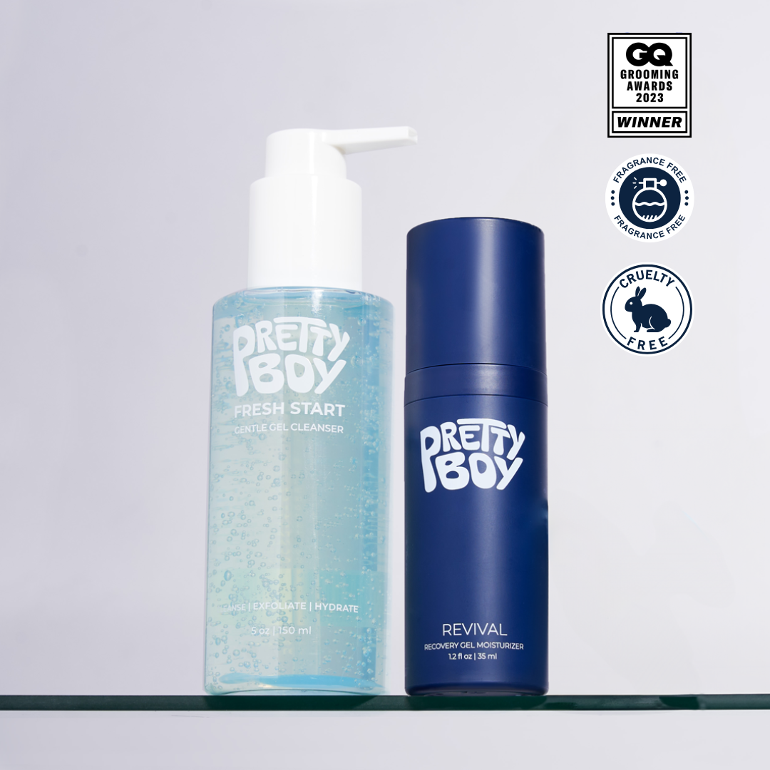 Two Pretty Boy skincare products with award and cruelty-free logos.