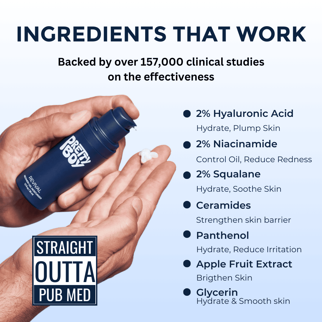 Hands holding a skincare product with a list of ingredients and benefits.