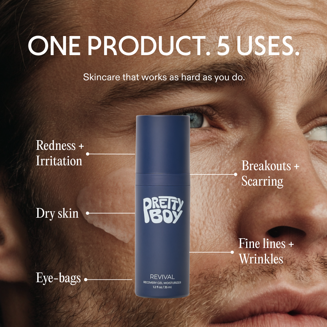 An ad for Pretty Boy moisturizer showing a man's face and text highlighting the product's five uses.