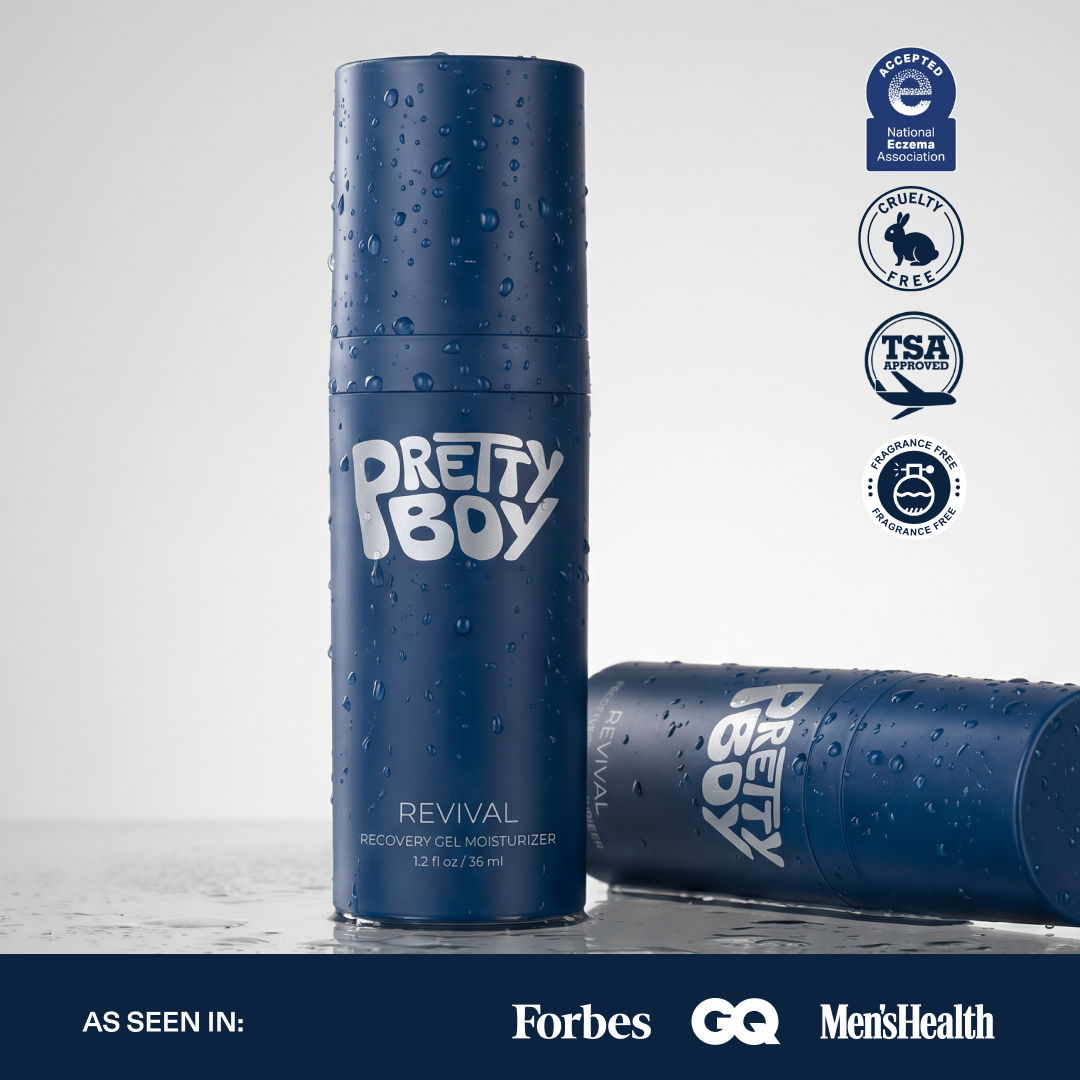 Two wet, blue bottles of Pretty Boy Revival Recovery Gel Moisturizer with certification and publication logos.
