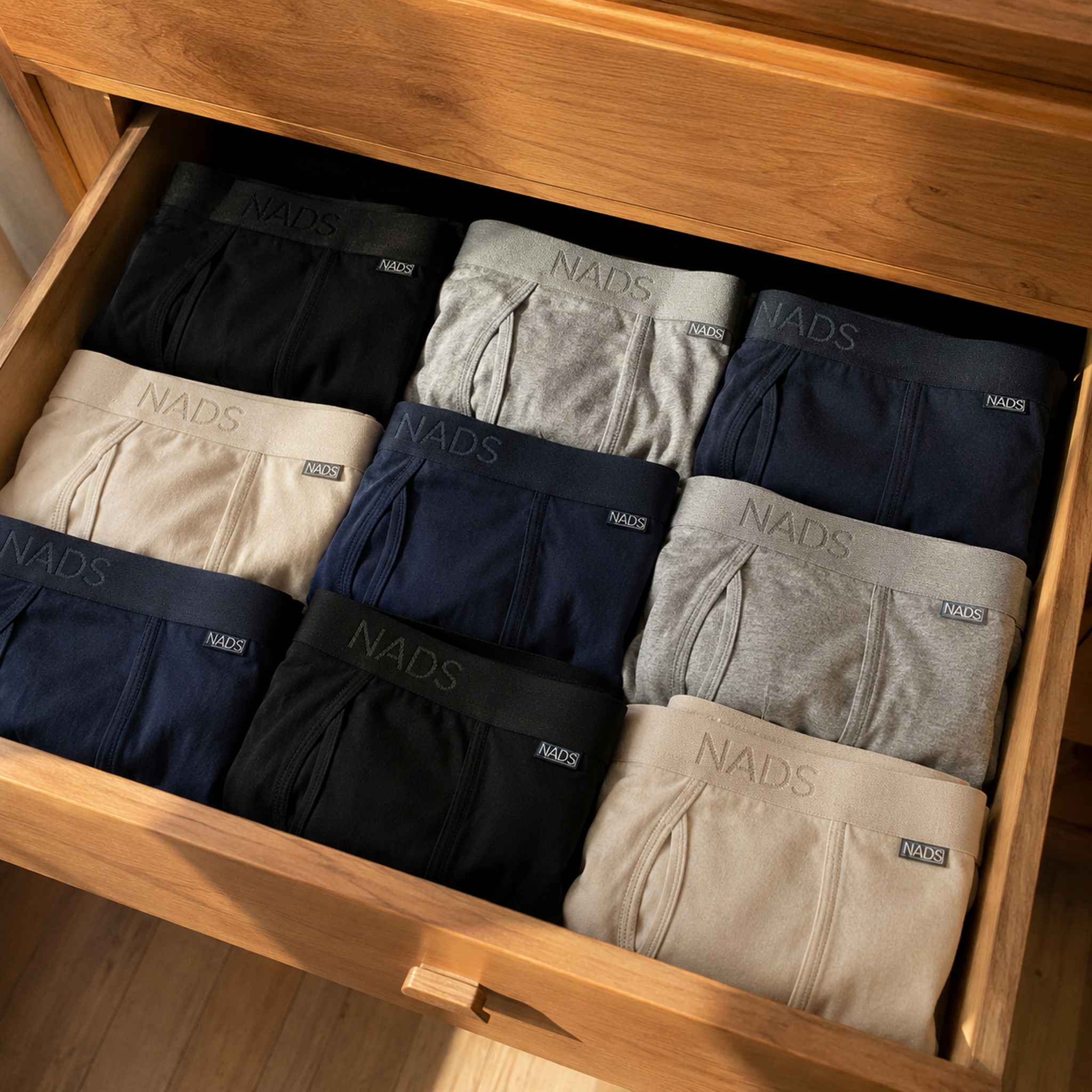 An overhead view of an open wooden drawer filled with neatly folded men's underwear in various colors.