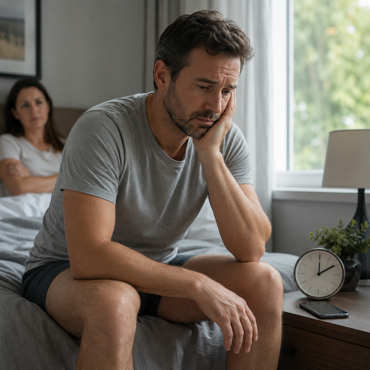 A sad-looking man sits on the edge of a bed, while a woman lies in the background.