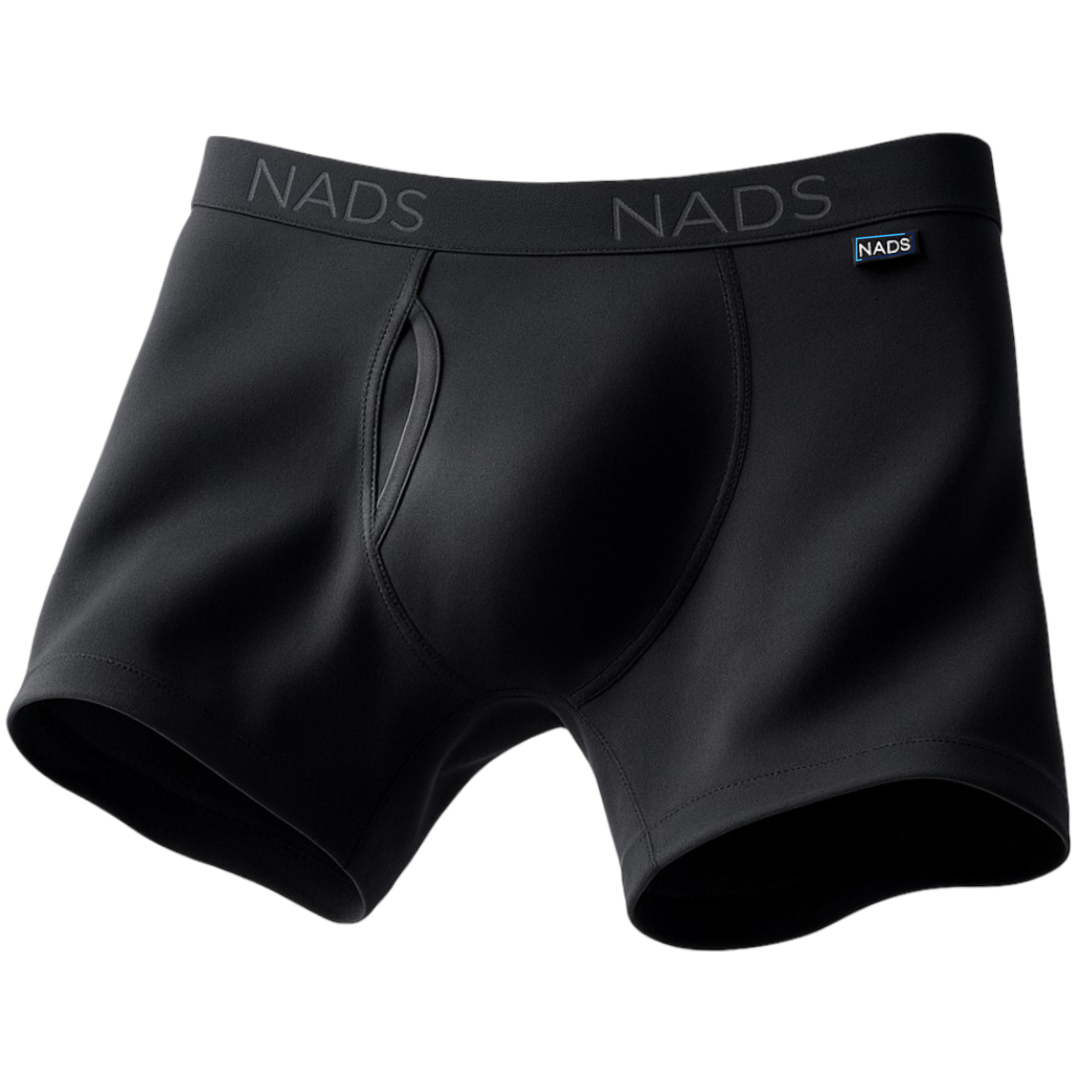 A pair of black boxer briefs with the NADS logo on the waistband against a solid background.