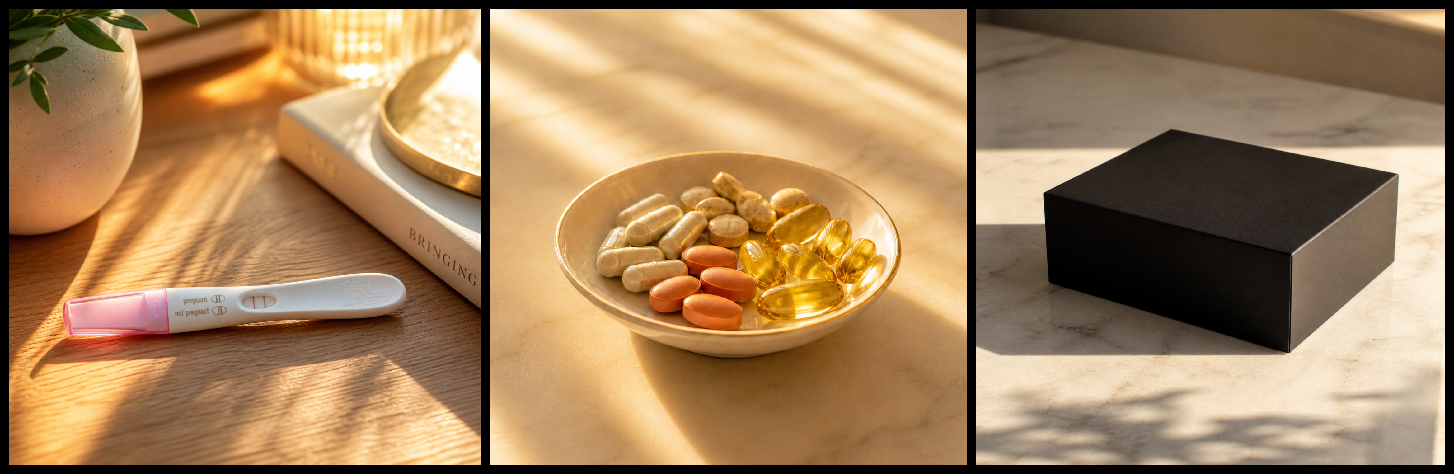 A triptych showing a positive pregnancy test, a bowl of various vitamin pills, and a black box.