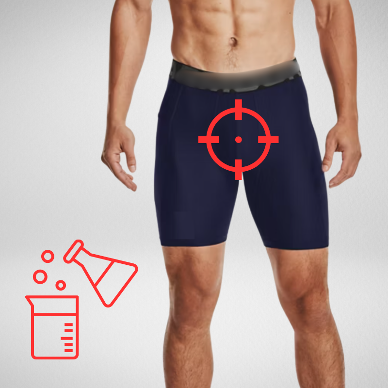 Man wearing dark shorts with red target symbol and lab equipment icons.