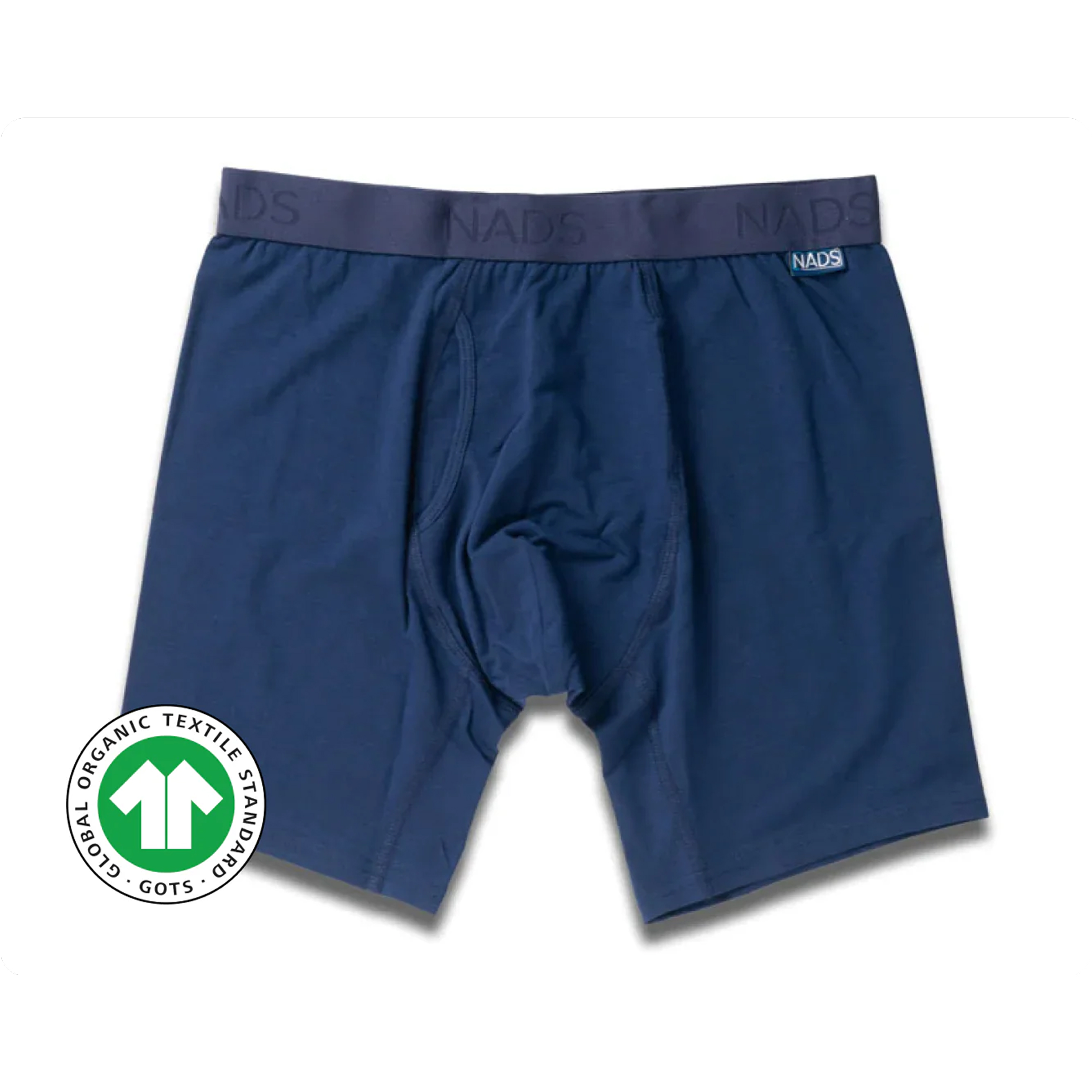 Blue boxer briefs with a GOTS certification logo.