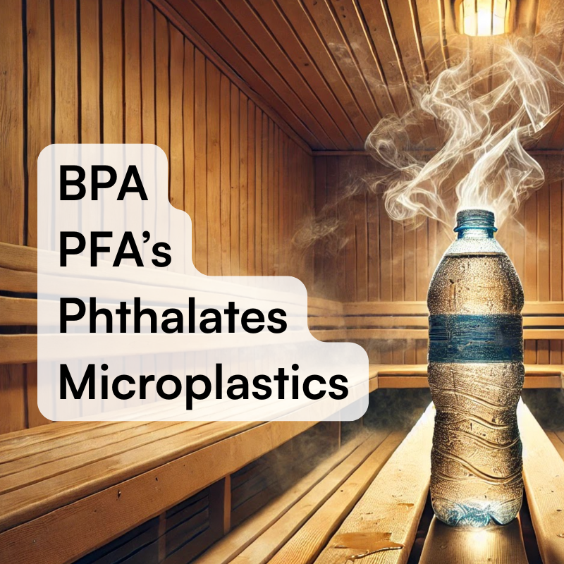 Plastic bottle steaming in a sauna with text: BPA, PFA's, Phthalates, Microplastics.