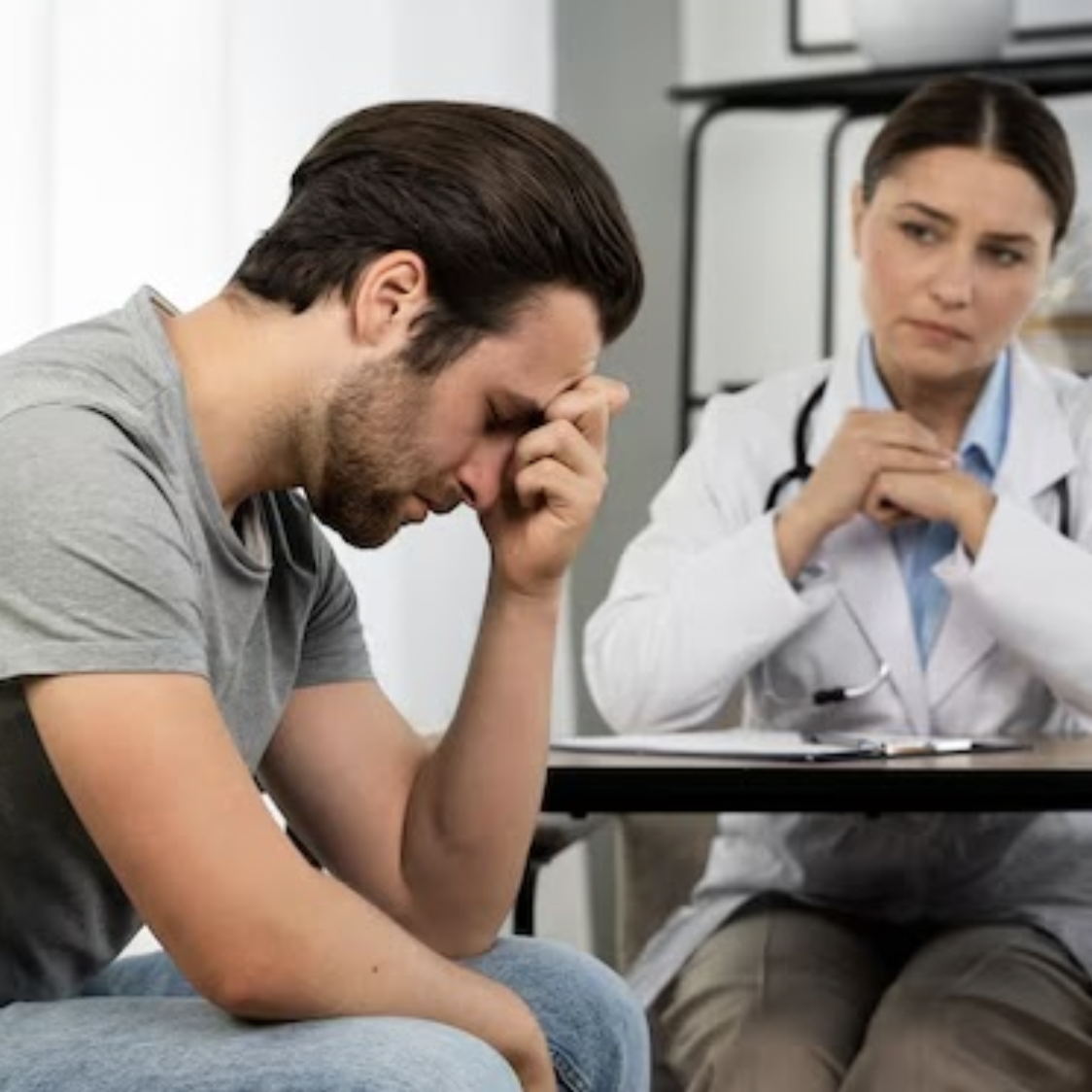 Man sitting with head in hand, doctor observing in background.