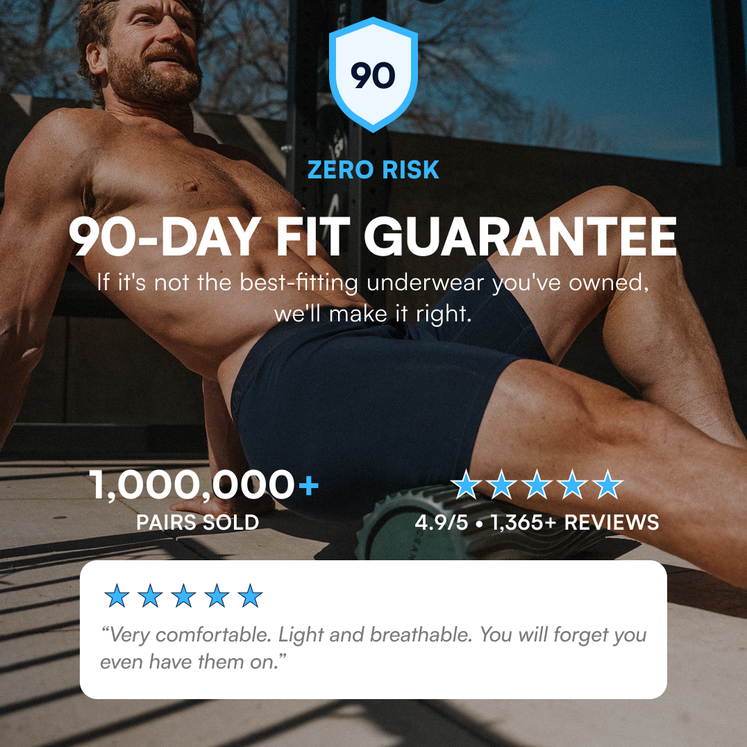 A muscular man in dark underwear sits on a foam roller, with promotional text overlaid on the image.