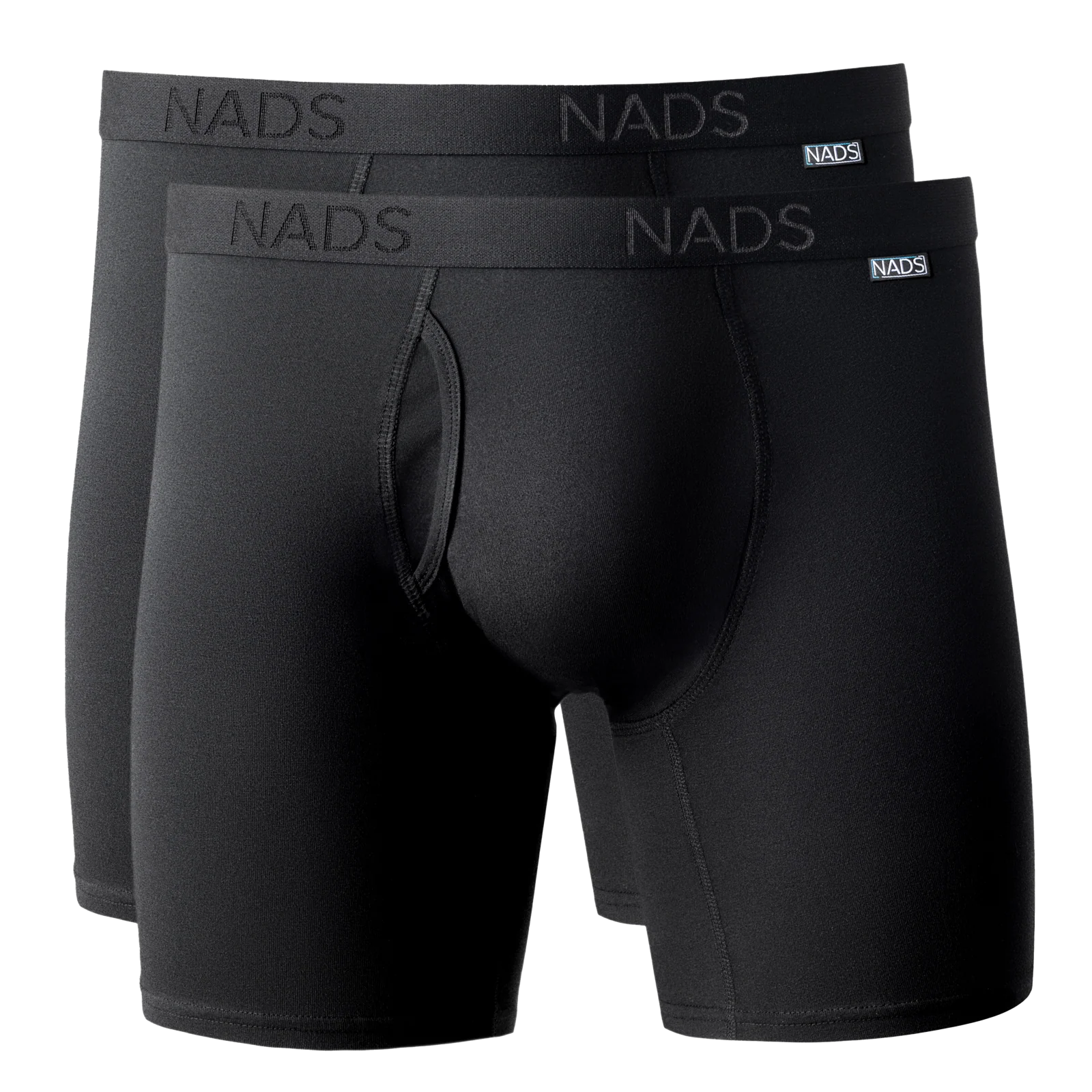 A two-pack of black NADS men's boxer briefs against a white background.