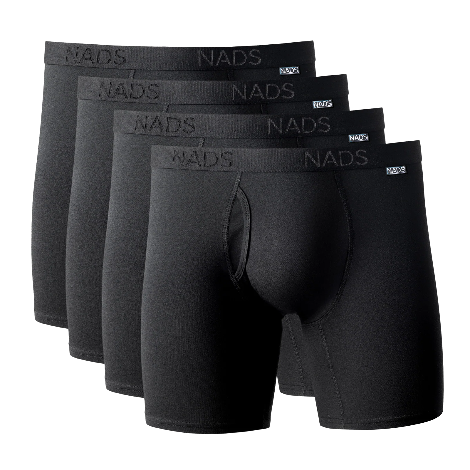 Four pairs of black men's NADS boxer briefs fanned out against a white background.