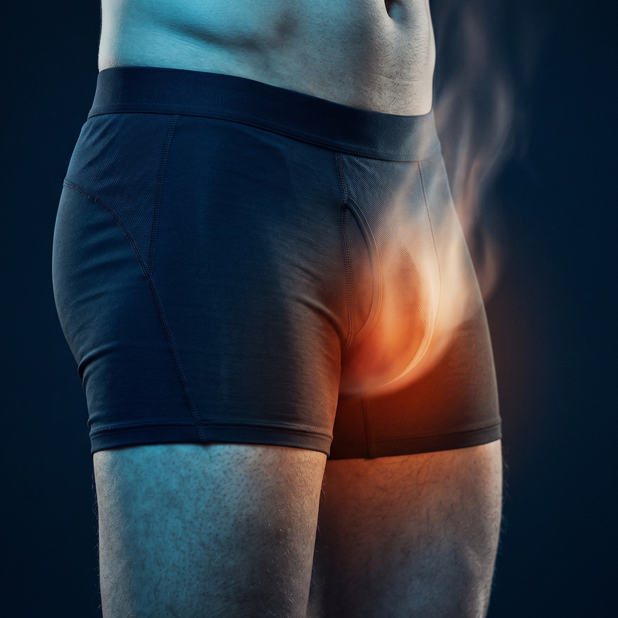 A close-up of a man in black boxer briefs with a red, glowing area over his groin.