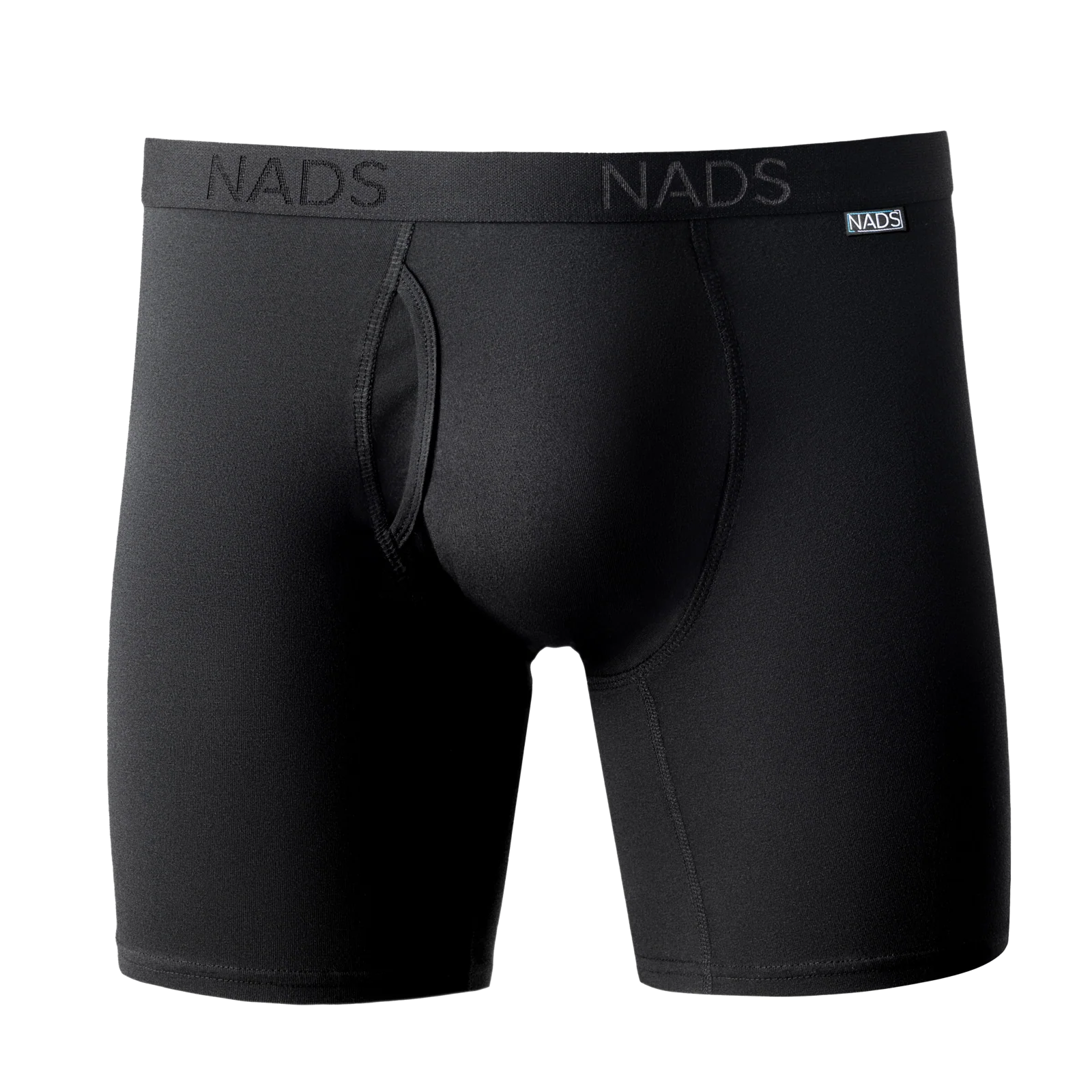 A pair of black Nads brand boxer briefs with a fly, shown against a white background.