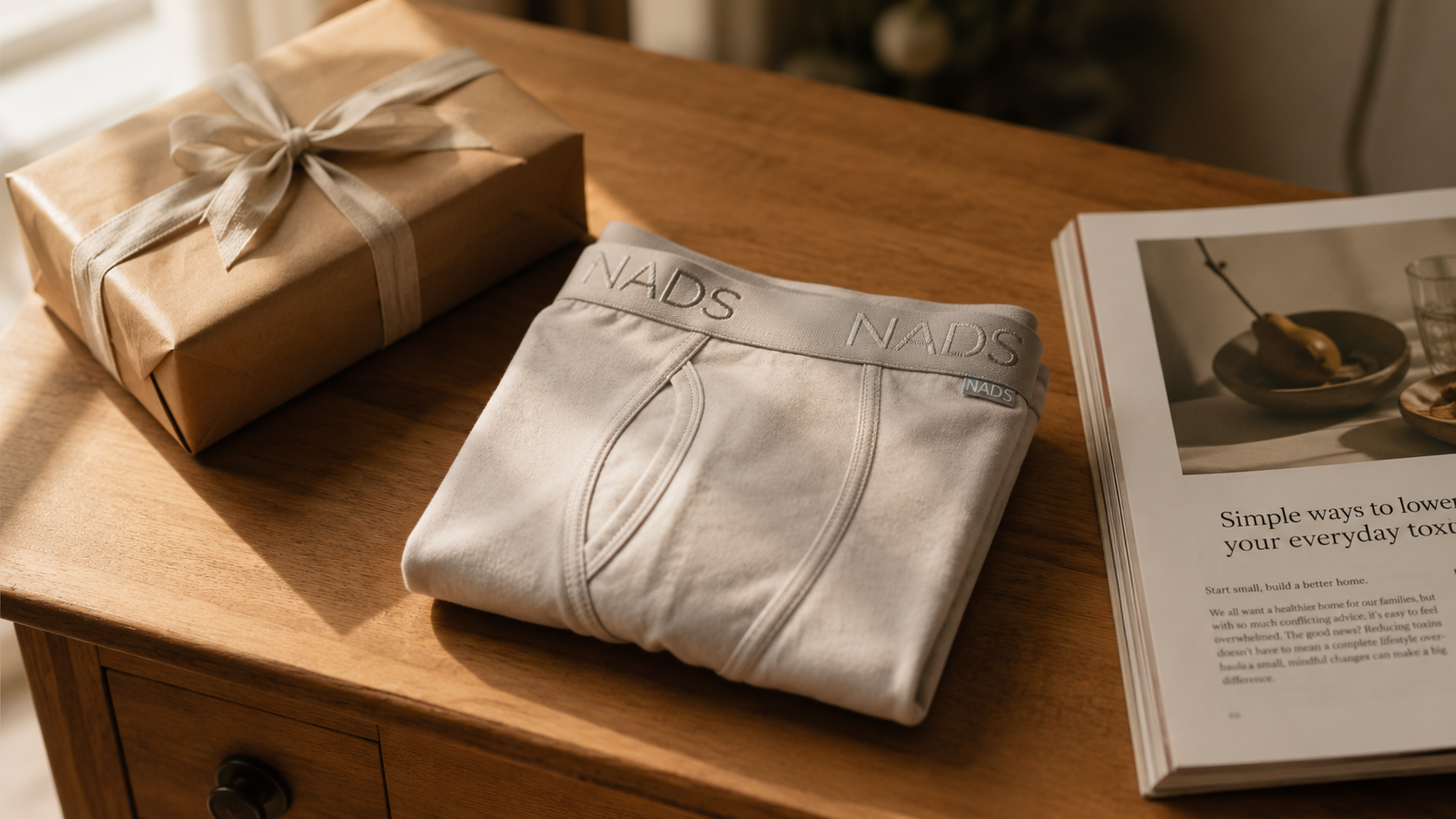 A pair of folded men's underwear, a wrapped gift, and an open book on a wooden table.
