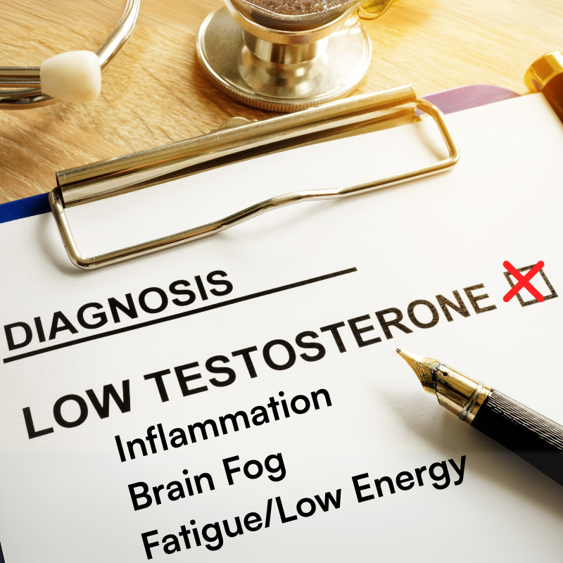 Clipboard with diagnosis of low testosterone and symptoms listed.
