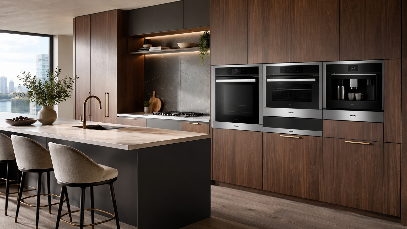 A modern kitchen with dark wood cabinets, a large island with seating, and built-in stainless steel appliances.