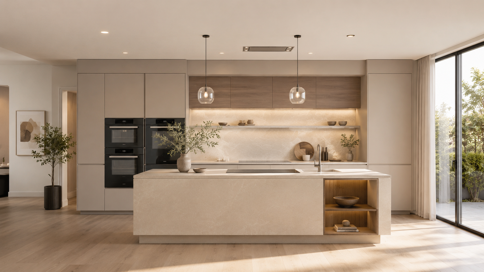 A modern, neutral-toned kitchen with a large island, built-in ovens, and a sliding glass door to a patio.