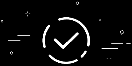 White checkmark inside a circle on a black background with geometric shapes.