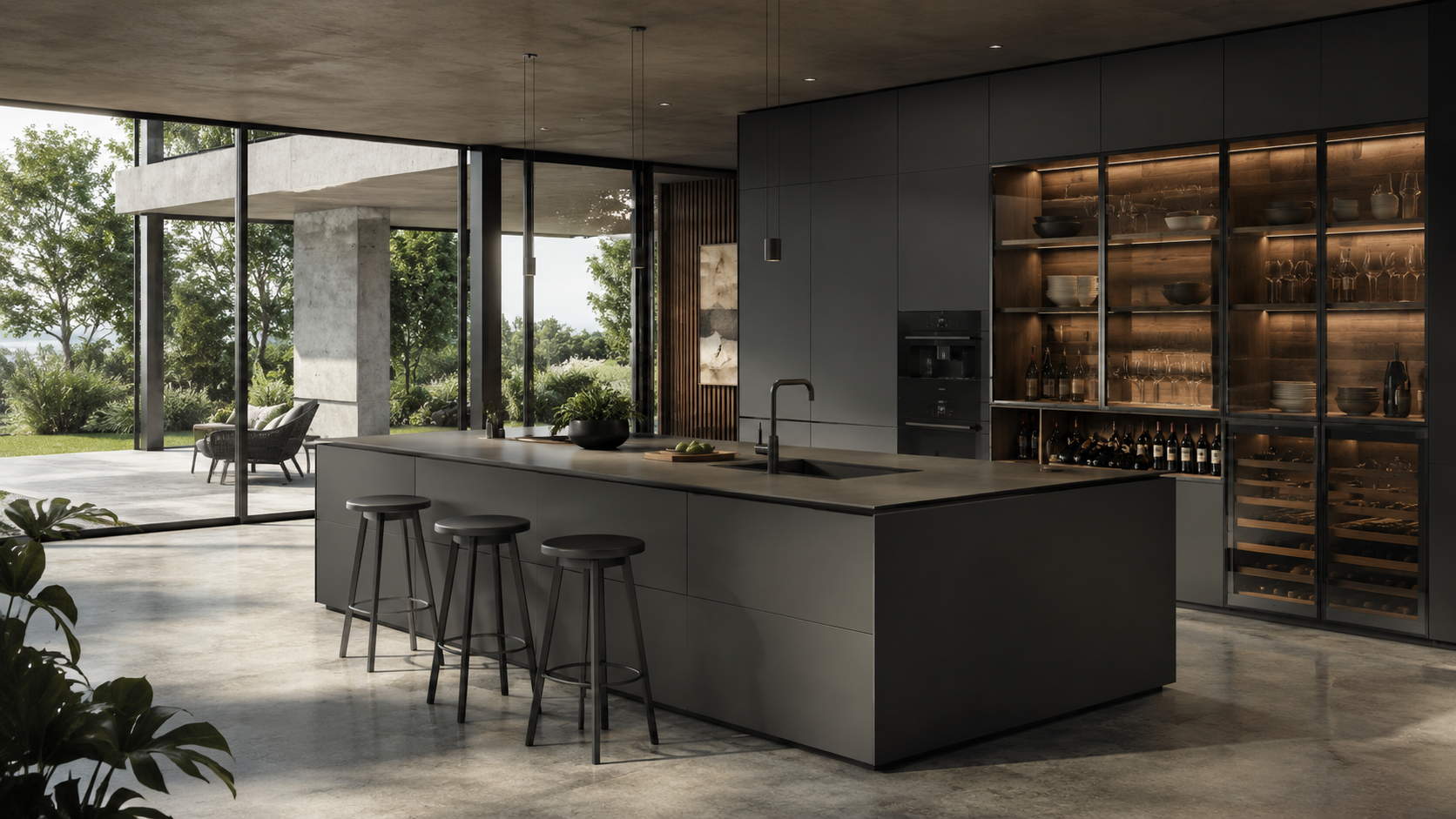 A modern, dark grey kitchen with an island, stools, and large windows looking out onto a patio.