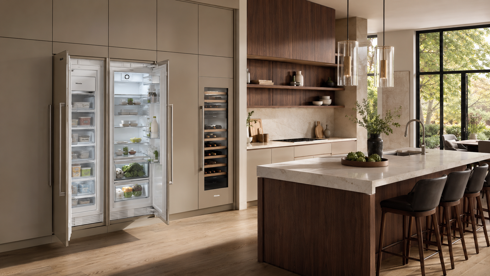 A modern kitchen with an open refrigerator and wine cooler next to a large island.